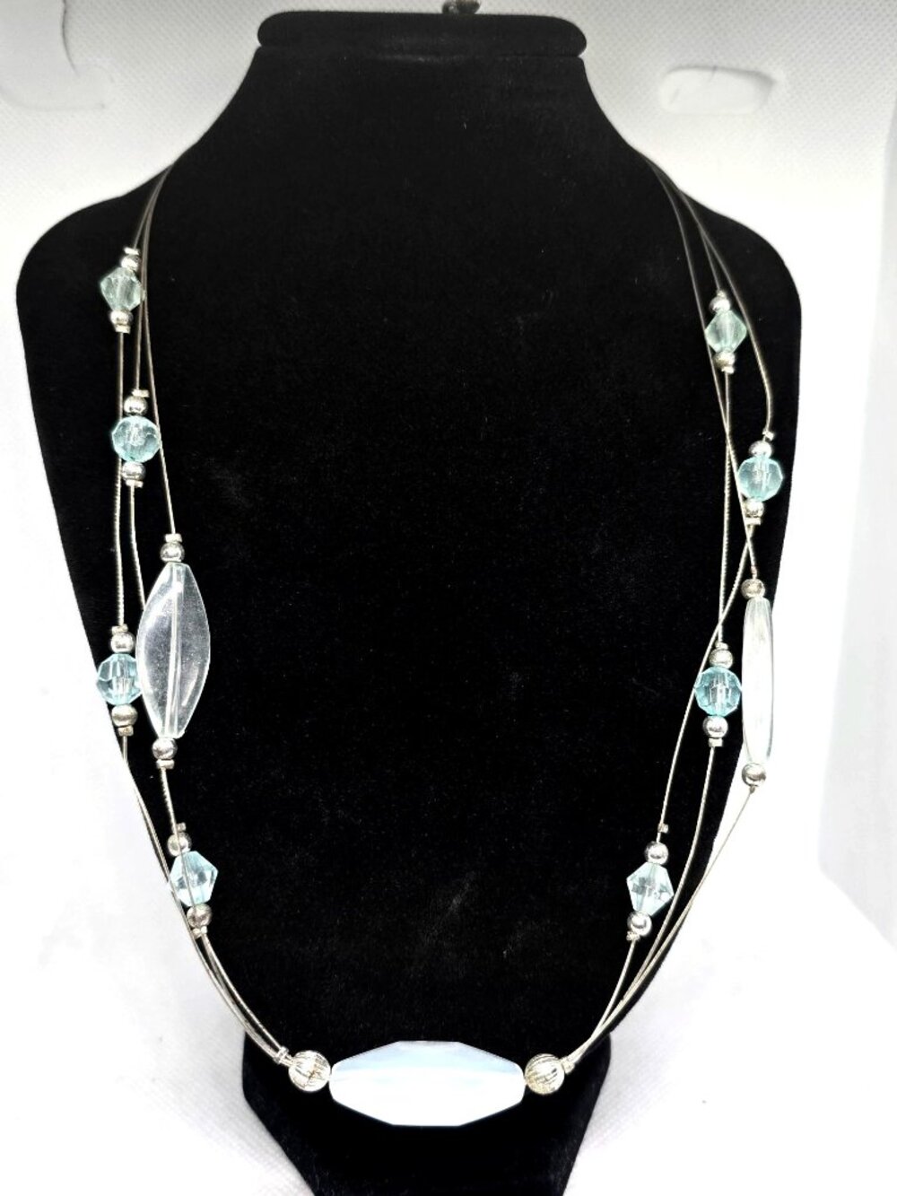 Blue Beaded Multi Strand Necklace Silver Tone Wire Aqua Glass‎ Statement 18-20”